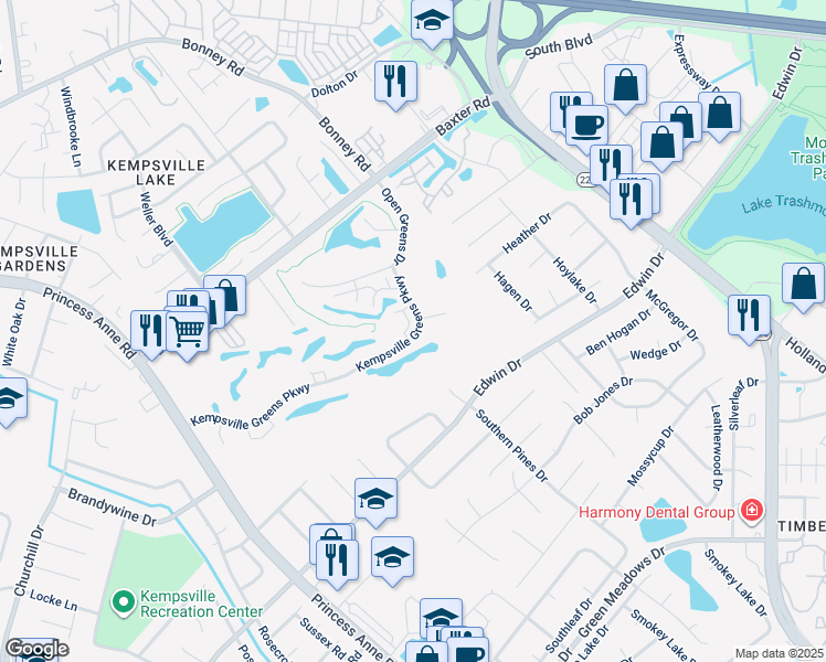 map of restaurants, bars, coffee shops, grocery stores, and more near 4744 Kempsville Greens Parkway in Virginia Beach