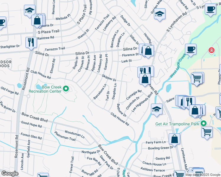 map of restaurants, bars, coffee shops, grocery stores, and more near 444 Turf Drive in Virginia Beach