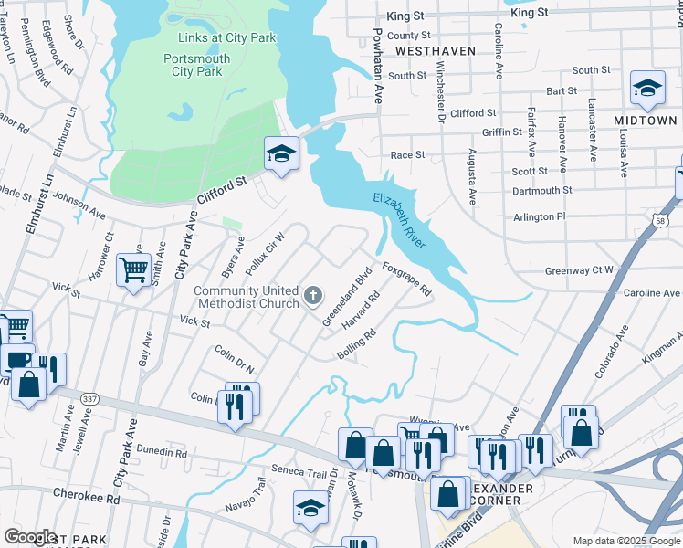 map of restaurants, bars, coffee shops, grocery stores, and more near 43 Rivercrest Drive in Portsmouth