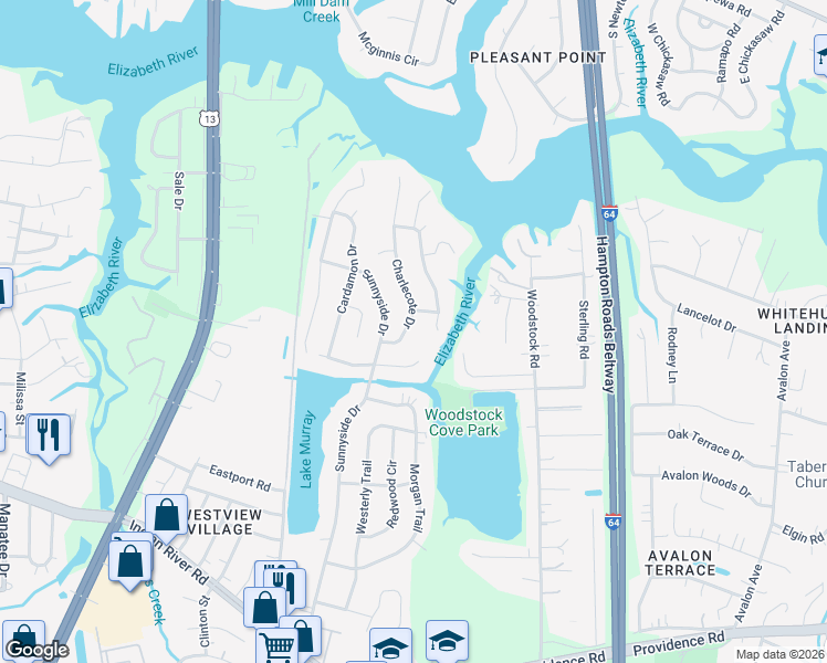 map of restaurants, bars, coffee shops, grocery stores, and more near 676 Charlecote Dr in Virginia Beach