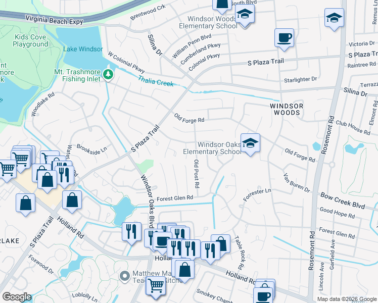 map of restaurants, bars, coffee shops, grocery stores, and more near 556 Boxwood Ln in Virginia Beach