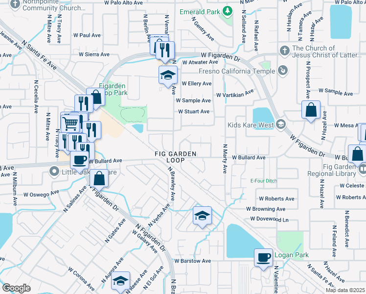 map of restaurants, bars, coffee shops, grocery stores, and more near 6044 North Gentry Avenue in Fresno