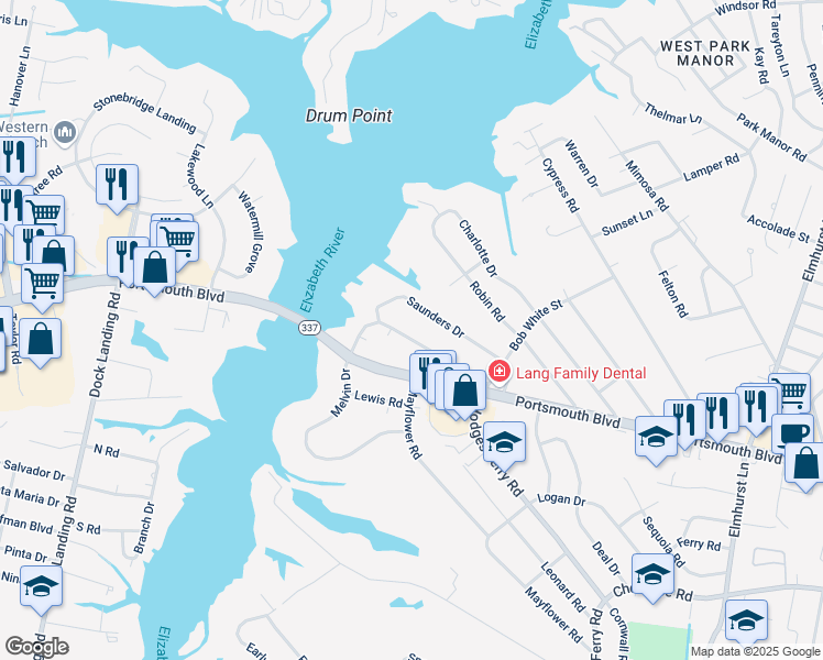 map of restaurants, bars, coffee shops, grocery stores, and more near 826 Melvin Drive in Portsmouth