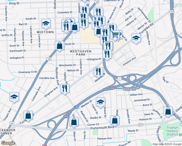 map of restaurants, bars, coffee shops, grocery stores, and more near 200 Pullman Avenue in Portsmouth