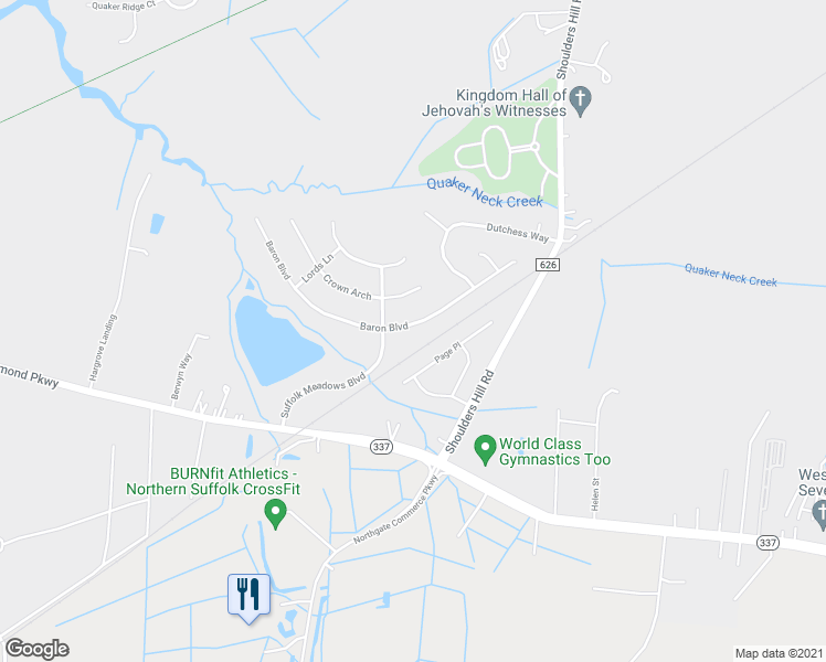 map of restaurants, bars, coffee shops, grocery stores, and more near 304 Baron Boulevard in Suffolk