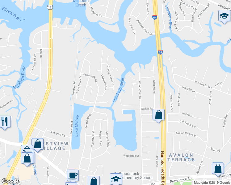 map of restaurants, bars, coffee shops, grocery stores, and more near 668 Copper Kettle Drive in Virginia Beach