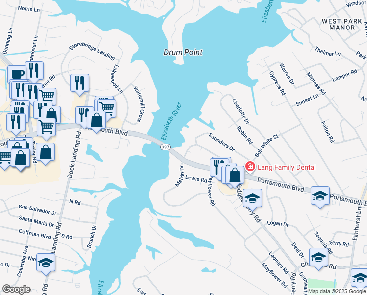 map of restaurants, bars, coffee shops, grocery stores, and more near 904 Melvin Drive in Portsmouth