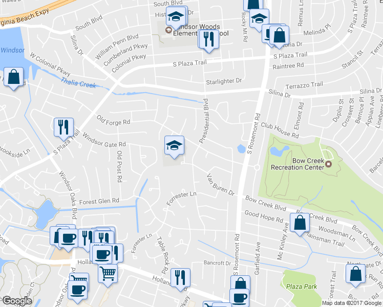 map of restaurants, bars, coffee shops, grocery stores, and more near 509 Presidential Boulevard in Virginia Beach