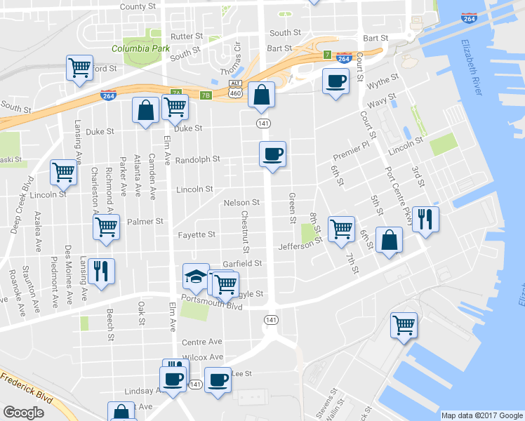 map of restaurants, bars, coffee shops, grocery stores, and more near 2006 Effingham Street in Portsmouth