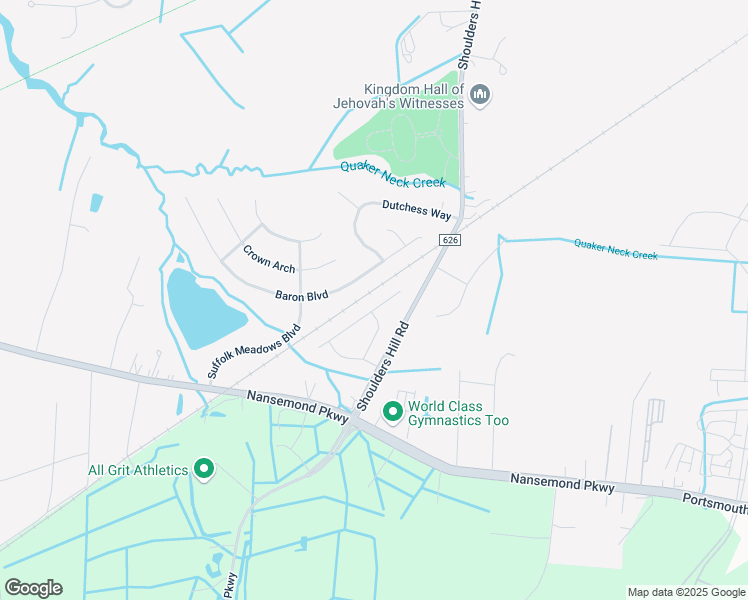 map of restaurants, bars, coffee shops, grocery stores, and more near 319 Page Place in Suffolk