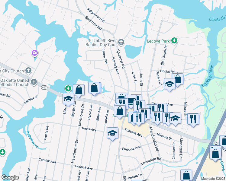 map of restaurants, bars, coffee shops, grocery stores, and more near 604 Laurel Avenue in Chesapeake