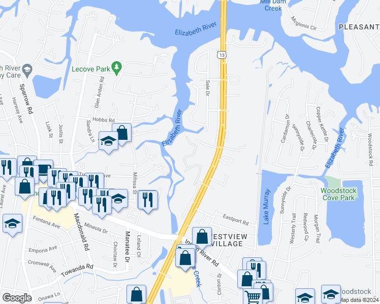 map of restaurants, bars, coffee shops, grocery stores, and more near 821 Whistling Swan Drive in Virginia Beach