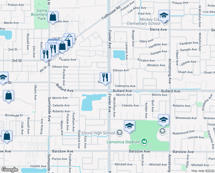 map of restaurants, bars, coffee shops, grocery stores, and more near 1799 Bullard Avenue in Clovis