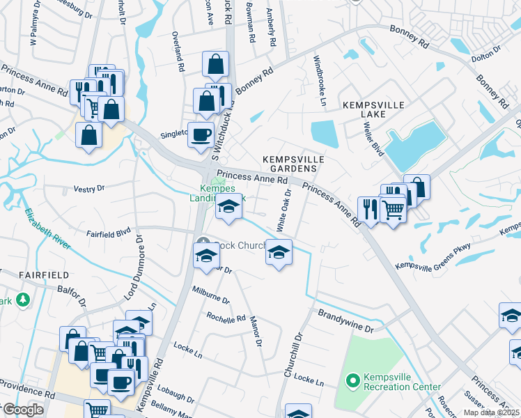 map of restaurants, bars, coffee shops, grocery stores, and more near 5030 Ashforth Court in Virginia Beach