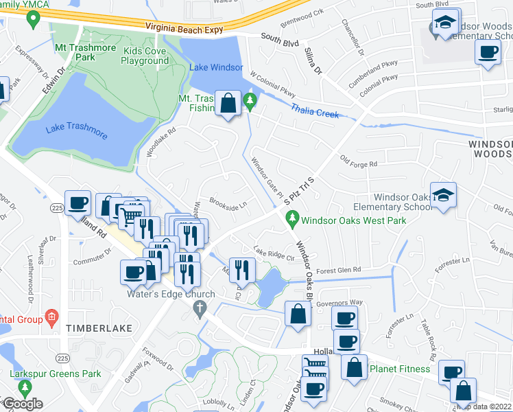 map of restaurants, bars, coffee shops, grocery stores, and more near 509 Water Oak Road in Virginia Beach