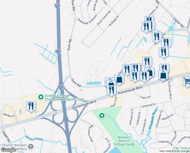 map of restaurants, bars, coffee shops, grocery stores, and more near 4308 Hillingdon Bend in Chesapeake