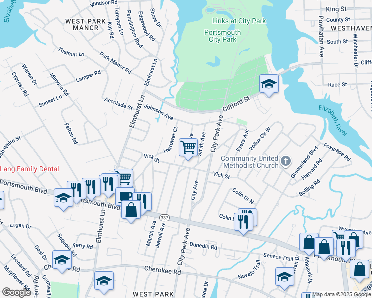 map of restaurants, bars, coffee shops, grocery stores, and more near 616 Jewell Avenue in Portsmouth