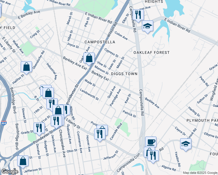 map of restaurants, bars, coffee shops, grocery stores, and more near 615 Leonard Avenue in Chesapeake