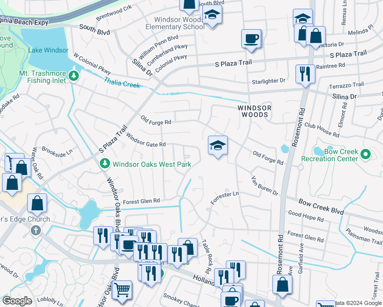 map of restaurants, bars, coffee shops, grocery stores, and more near 3800 Turtle Cove Court in Virginia Beach