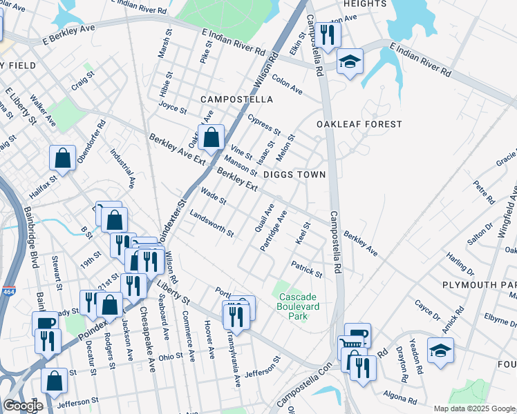 map of restaurants, bars, coffee shops, grocery stores, and more near 615 Leonard Avenue in Chesapeake