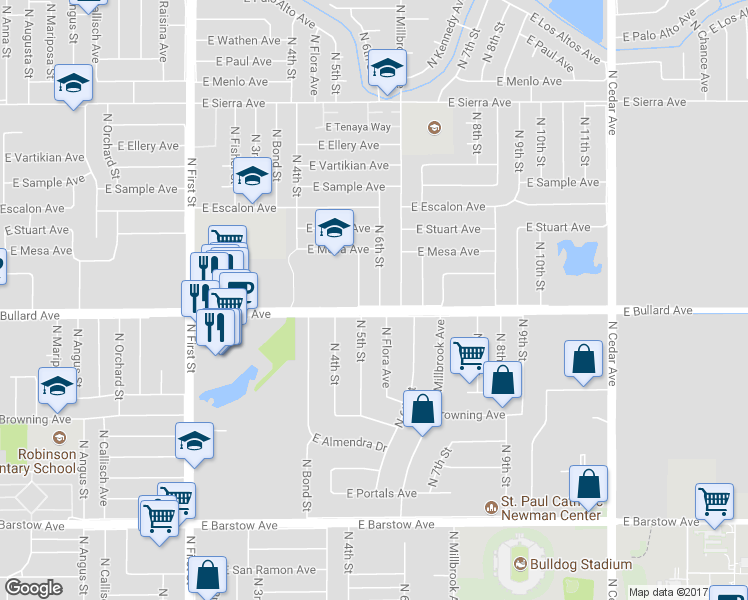 map of restaurants, bars, coffee shops, grocery stores, and more near 6019 North 6th Street in Fresno
