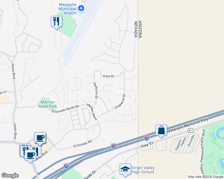 map of restaurants, bars, coffee shops, grocery stores, and more near 767 East Sierra Vista Circle in Mesquite