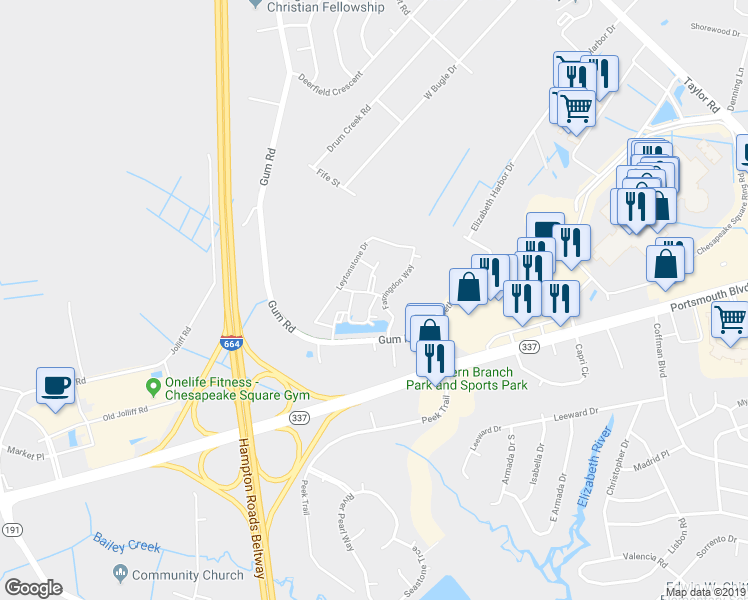 map of restaurants, bars, coffee shops, grocery stores, and more near Hillingdon Bend in Chesapeake