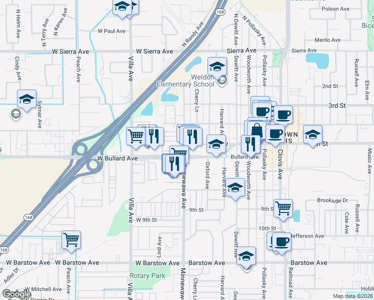map of restaurants, bars, coffee shops, grocery stores, and more near 7 Bullard Avenue in Clovis