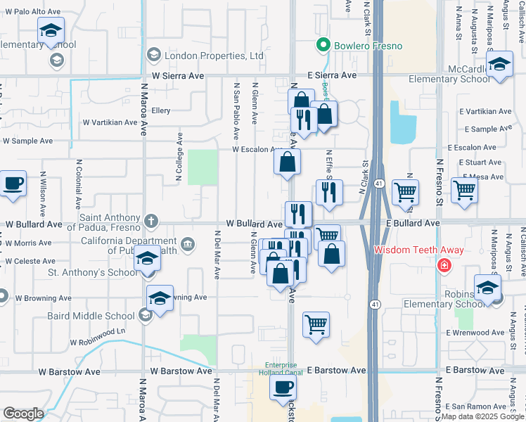 map of restaurants, bars, coffee shops, grocery stores, and more near 50 West Bullard Avenue in Fresno
