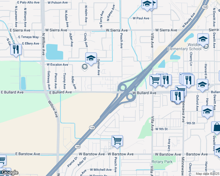 map of restaurants, bars, coffee shops, grocery stores, and more near 481 West Bullard Avenue in Clovis
