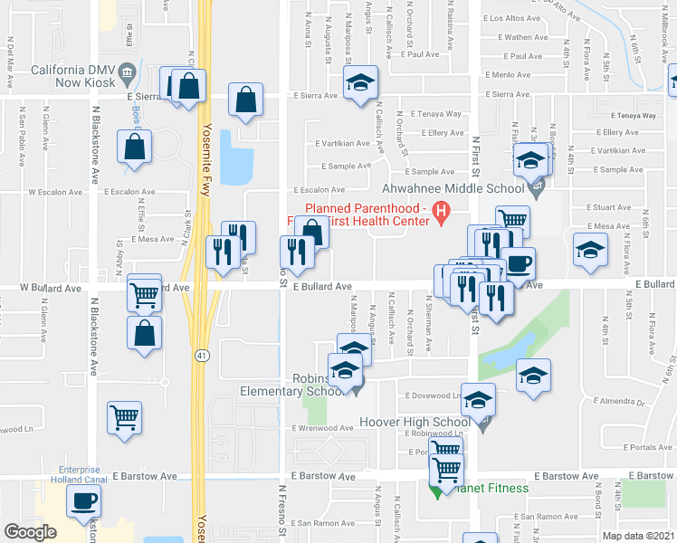 map of restaurants, bars, coffee shops, grocery stores, and more near 550 East Bullard Avenue in Fresno