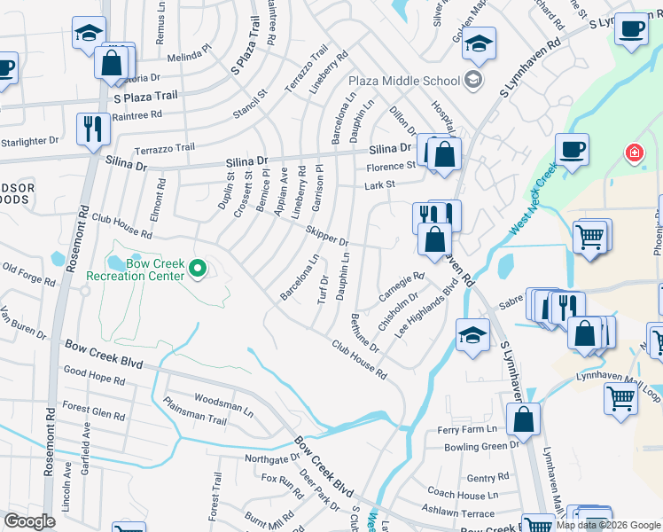 map of restaurants, bars, coffee shops, grocery stores, and more near 444 Turf Drive in Virginia Beach