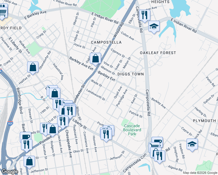 map of restaurants, bars, coffee shops, grocery stores, and more near 618 Leonard Avenue in Chesapeake
