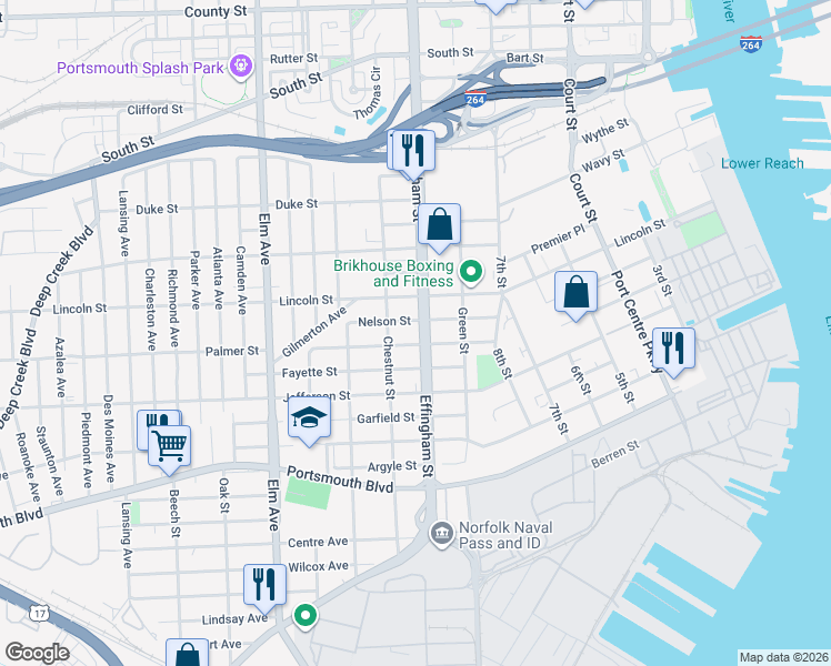 map of restaurants, bars, coffee shops, grocery stores, and more near 2006 Effingham Street in Portsmouth