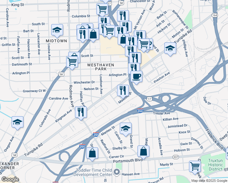 map of restaurants, bars, coffee shops, grocery stores, and more near 200 Pullman Avenue in Portsmouth