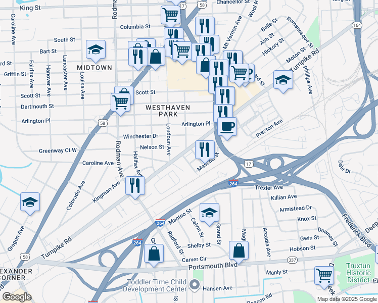 map of restaurants, bars, coffee shops, grocery stores, and more near 200 Pullman Avenue in Portsmouth