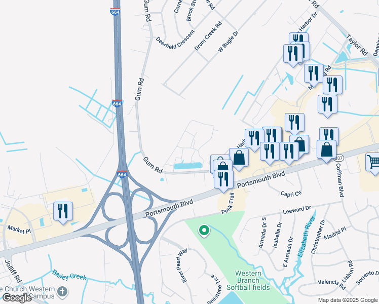 map of restaurants, bars, coffee shops, grocery stores, and more near 4308 Hillingdon Bend in Chesapeake