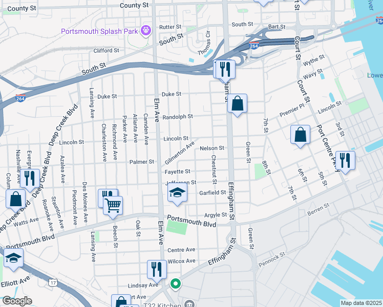 map of restaurants, bars, coffee shops, grocery stores, and more near 2006 Peach Street in Portsmouth