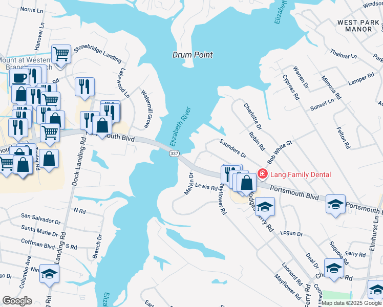 map of restaurants, bars, coffee shops, grocery stores, and more near 904 Melvin Drive in Portsmouth