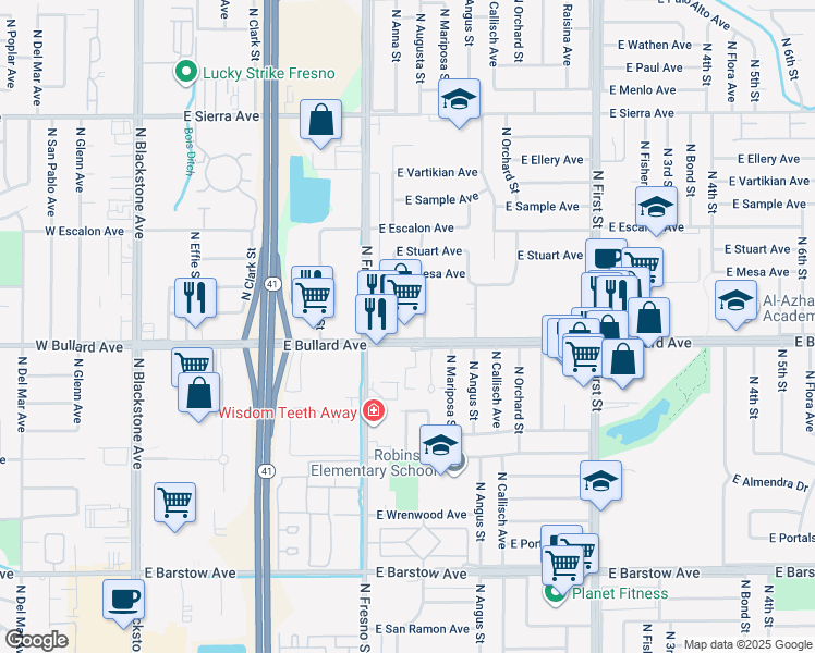 map of restaurants, bars, coffee shops, grocery stores, and more near 464 East Bullard Avenue in Fresno