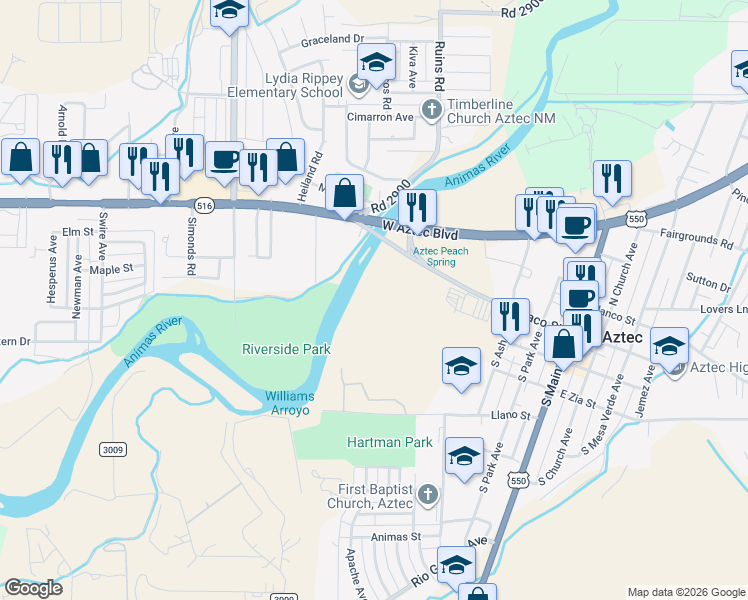 map of restaurants, bars, coffee shops, grocery stores, and more near 1000 West Aztec Boulevard in Aztec