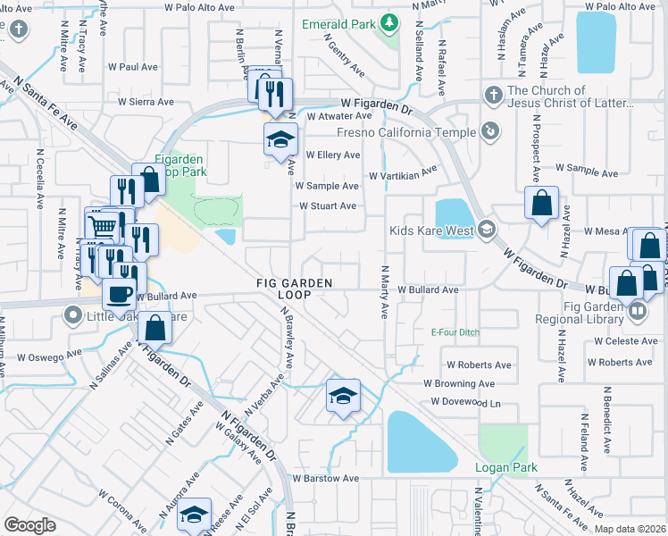 map of restaurants, bars, coffee shops, grocery stores, and more near 6043 North Knoll Avenue in Fresno
