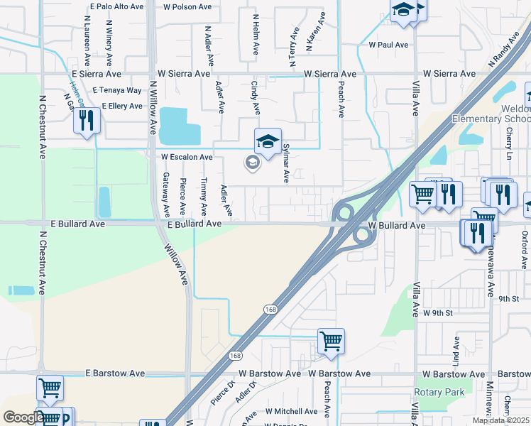 map of restaurants, bars, coffee shops, grocery stores, and more near 524 Helm Avenue in Clovis