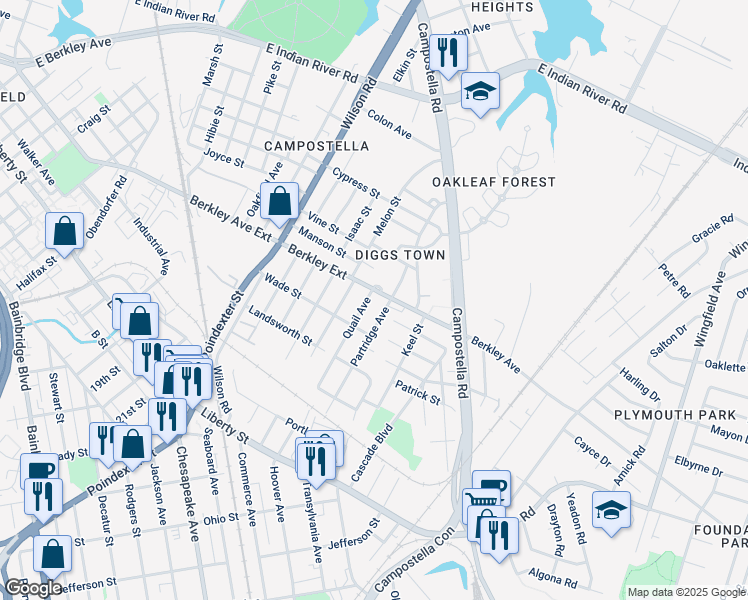 map of restaurants, bars, coffee shops, grocery stores, and more near 607 Quail Avenue in Chesapeake