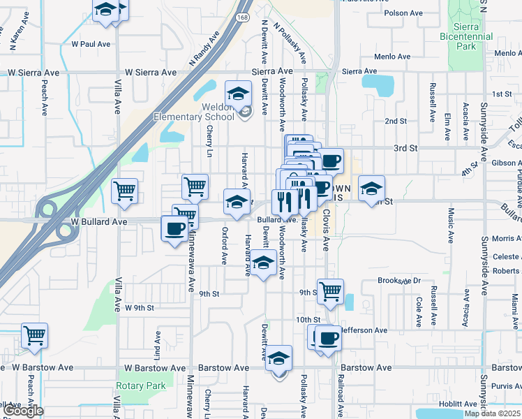 map of restaurants, bars, coffee shops, grocery stores, and more near 330 5th Street in Clovis