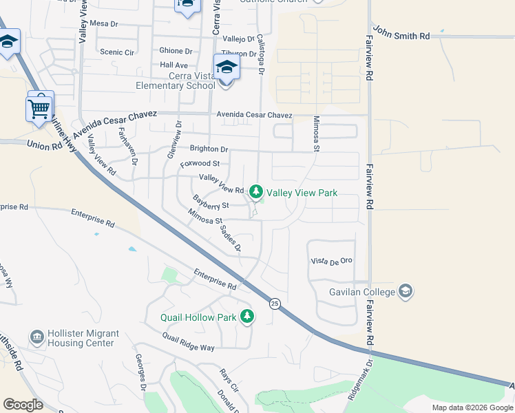 map of restaurants, bars, coffee shops, grocery stores, and more near 2830 Valley View Road in Hollister