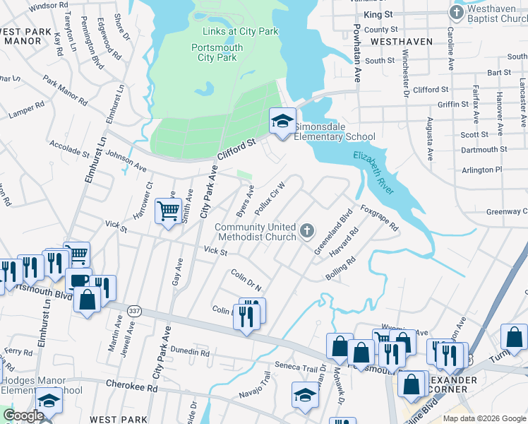 map of restaurants, bars, coffee shops, grocery stores, and more near 26 Pollux Circle West in Portsmouth