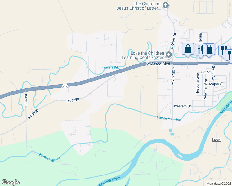 map of restaurants, bars, coffee shops, grocery stores, and more near 98 Road 3053 in Aztec