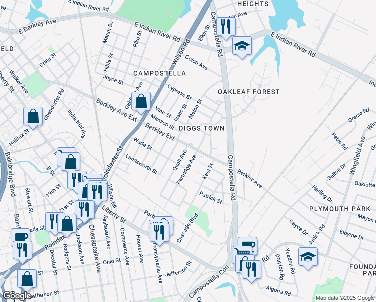 map of restaurants, bars, coffee shops, grocery stores, and more near 607 Quail Avenue in Chesapeake