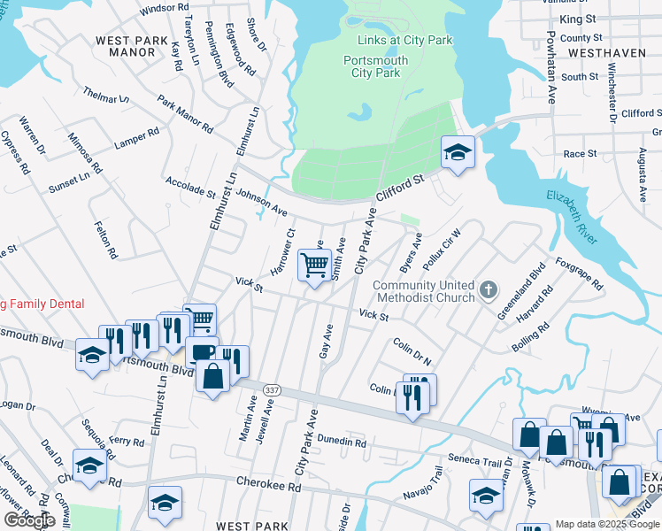 map of restaurants, bars, coffee shops, grocery stores, and more near 111 Smith Avenue in Portsmouth